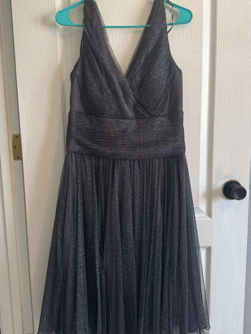 Coldwater Creek Shimmery Charcoal V-Neck Midi Dress